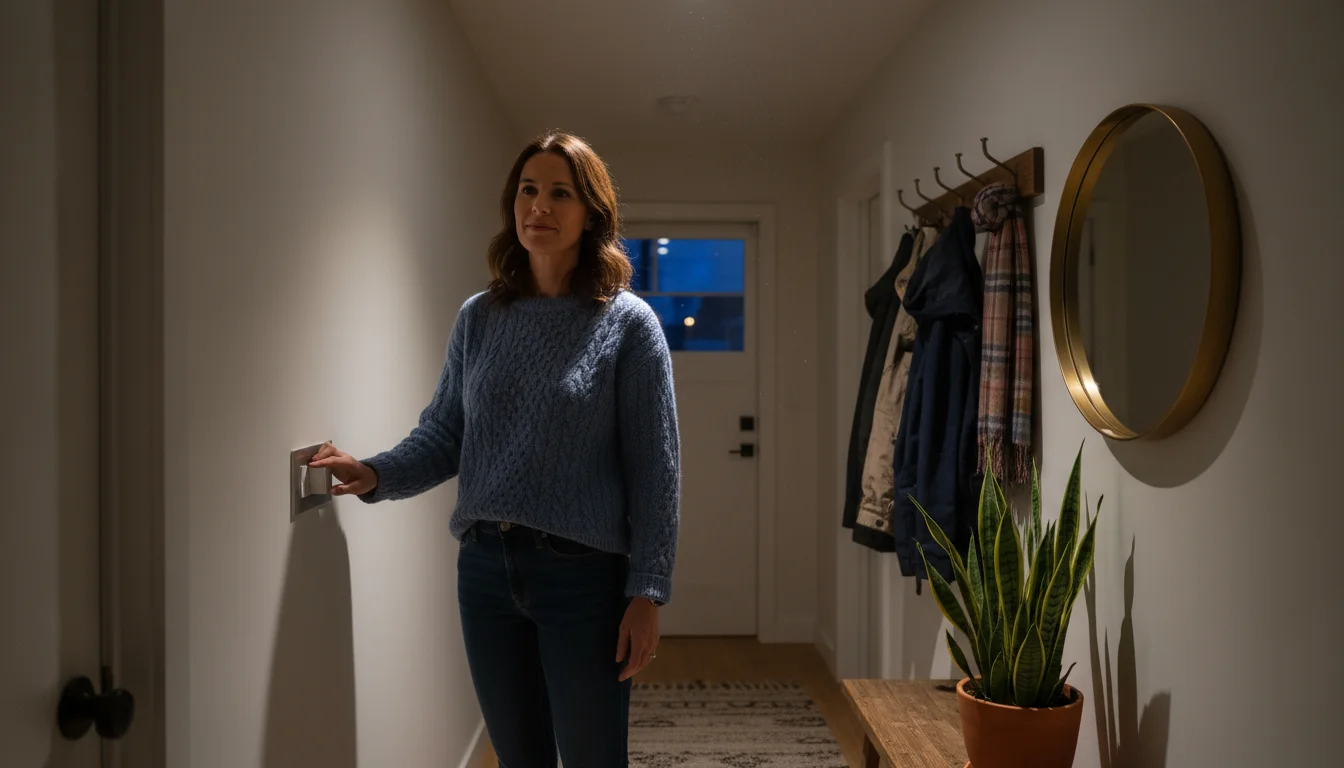 Woman's hand on a light switch, instantly illuminating a cozy home hallway with clear LED light, revealing a coat rack and potted plant.