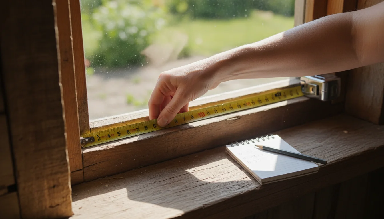 A woman's hand meticulously measures the inside width of a window opening with a metal tape measure, notepad nearby on the sill.