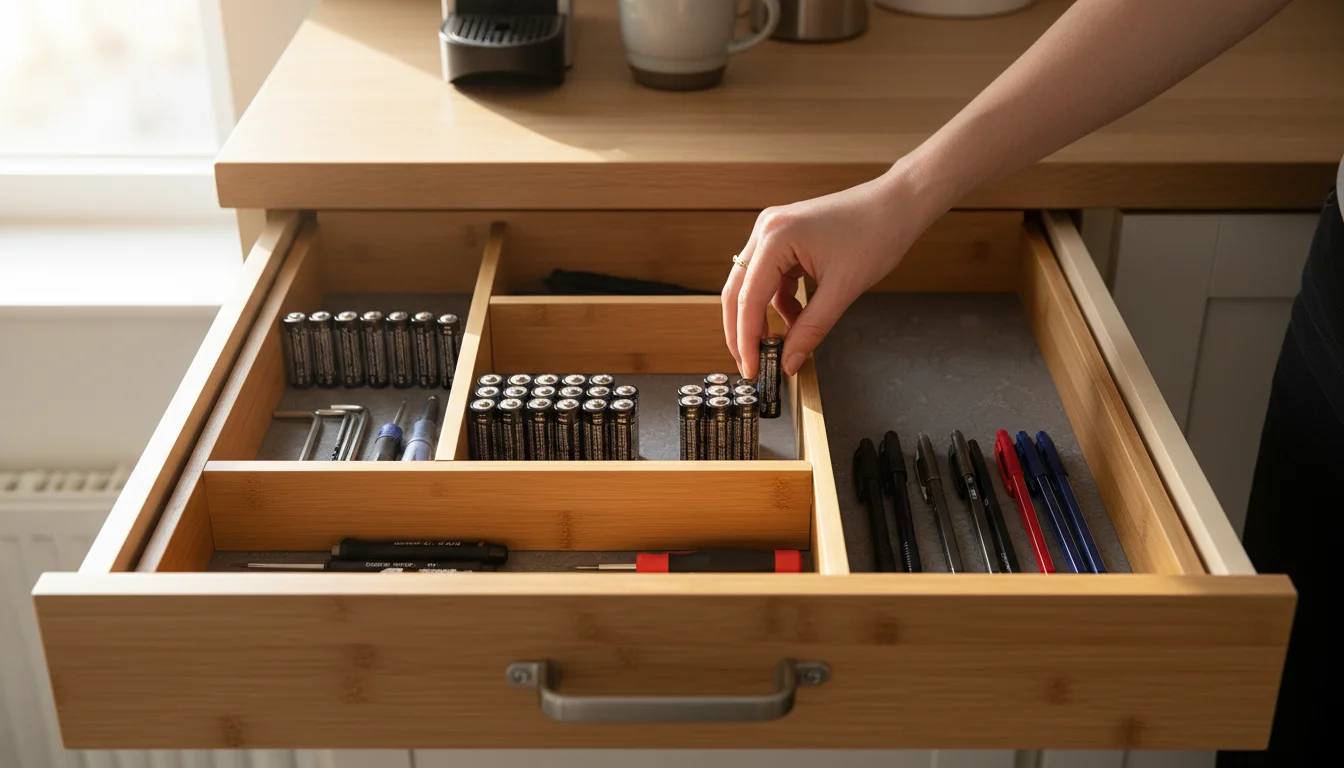 A woman's hand places a battery into a simple bamboo organizer in a tidy kitchen drawer, demonstrating easy organization.