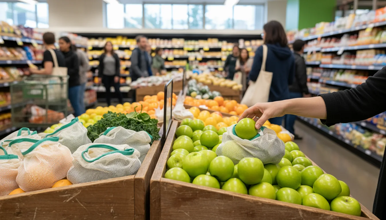 Woman's hand places green apples into a reusable mesh produce bag over a wooden bin in a grocery store.