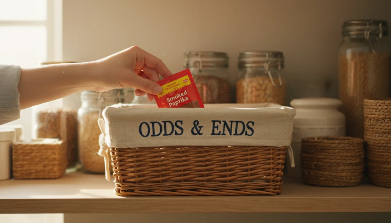 A woman's hand places a spice packet into a labeled 'Odds & Ends' bin on a well-organized pantry shelf.