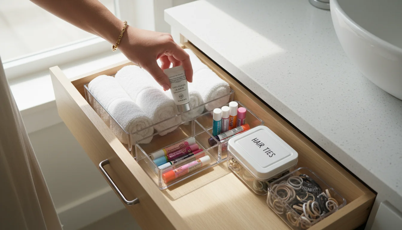 A woman's hand places a tube of hand cream into an organized bathroom drawer with clear dividers, showing neatly stored essentials.