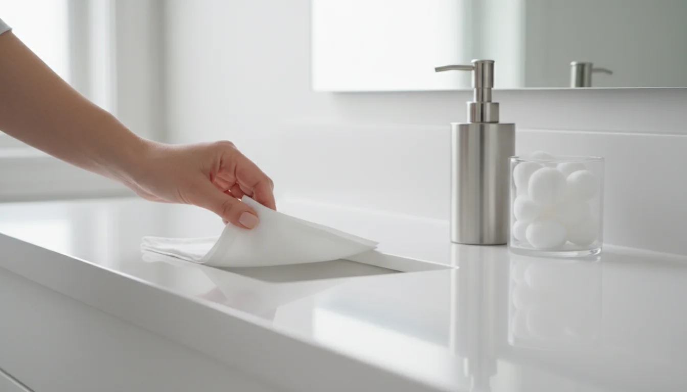 Woman's hand pulling a cloth from a clean white bathroom counter with a soap dispenser and small plant.