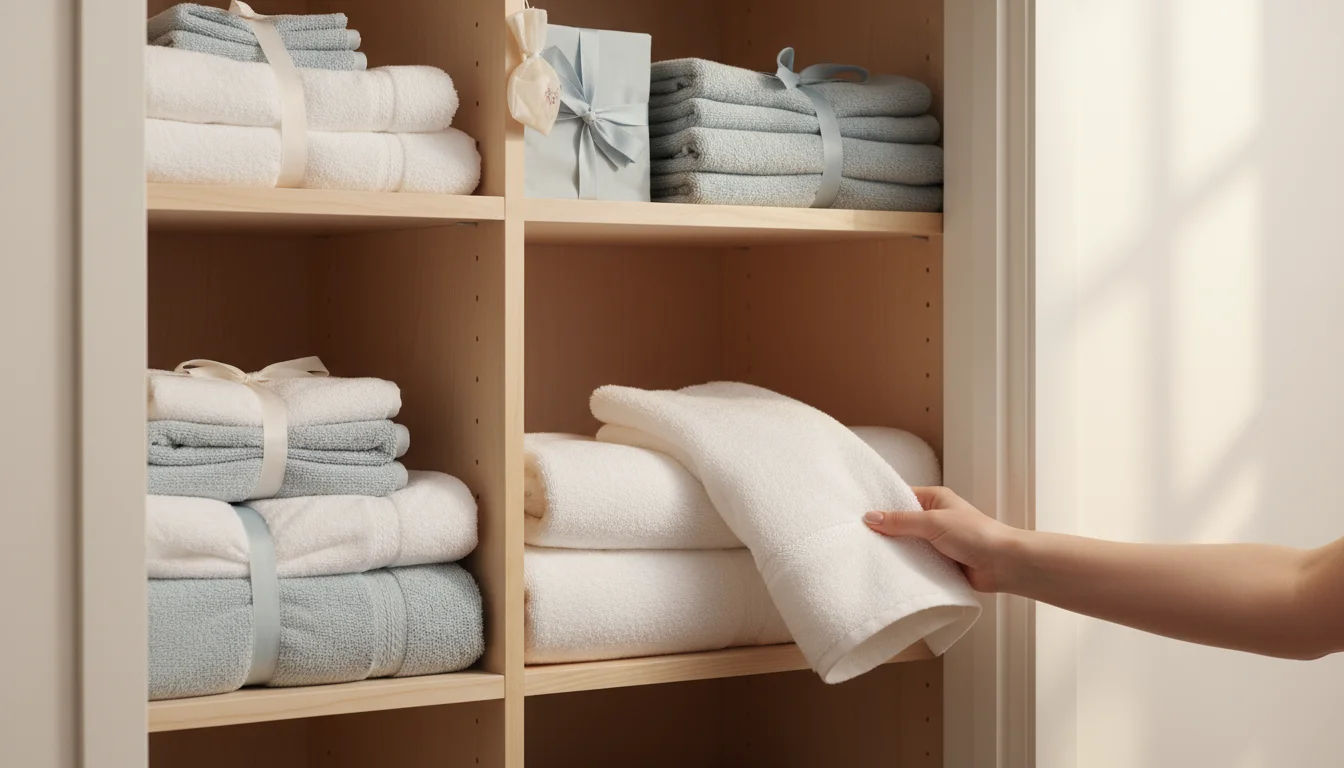 Woman's hand pulling a fluffy white bath towel from a neatly stacked shelf in a bright, clean linen closet.