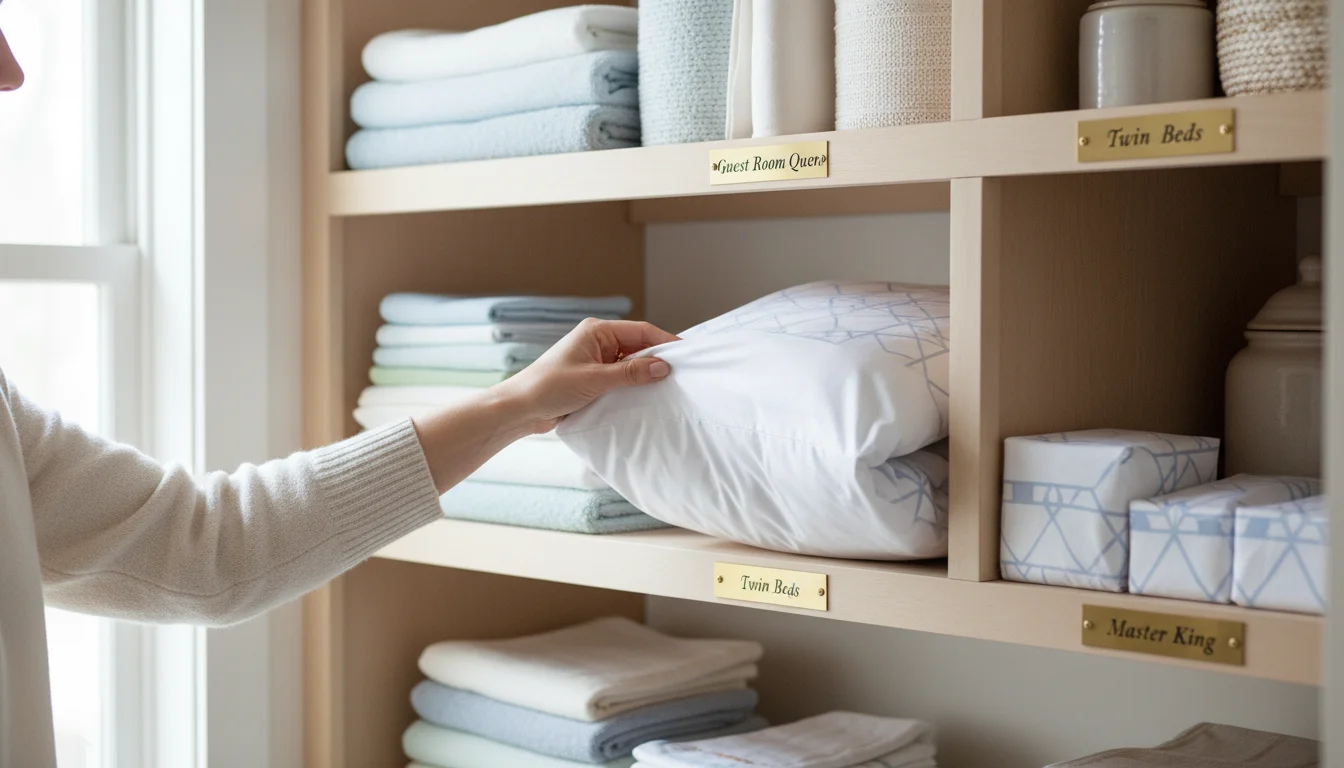 Woman's hand pulling a neatly folded sheet set, tucked inside its pillowcase, from a clearly labeled linen closet shelf.