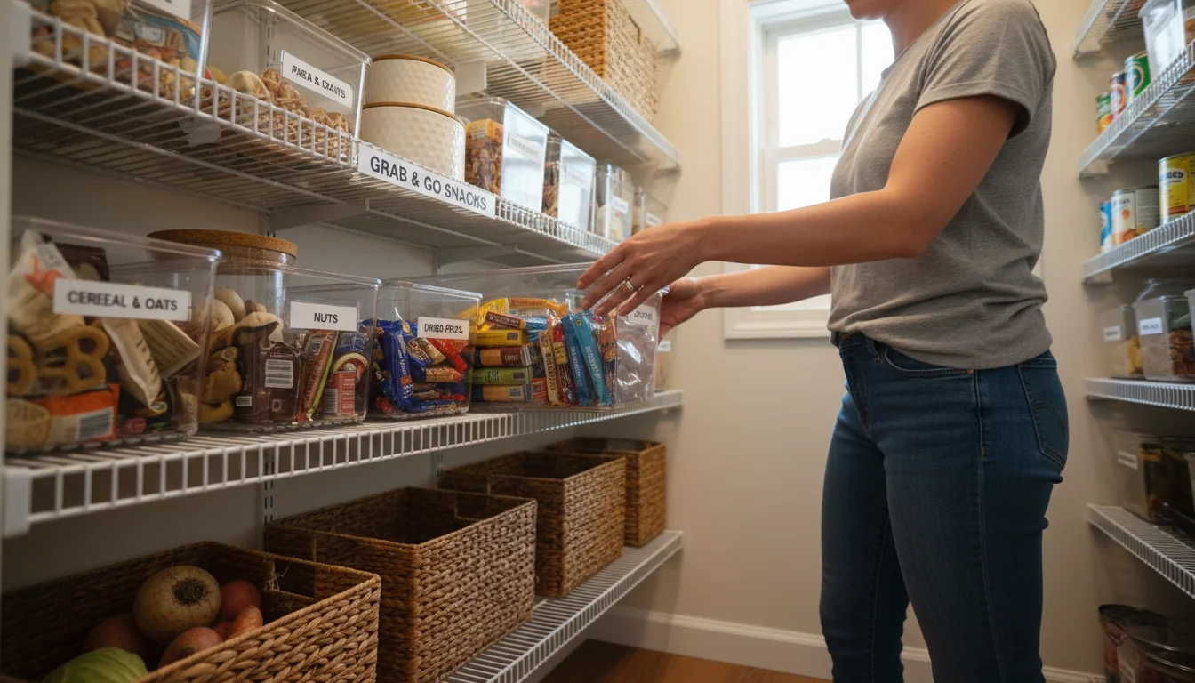 A woman's hand quickly places a clear snack container onto a neatly organized pantry shelf, viewed from a low angle.