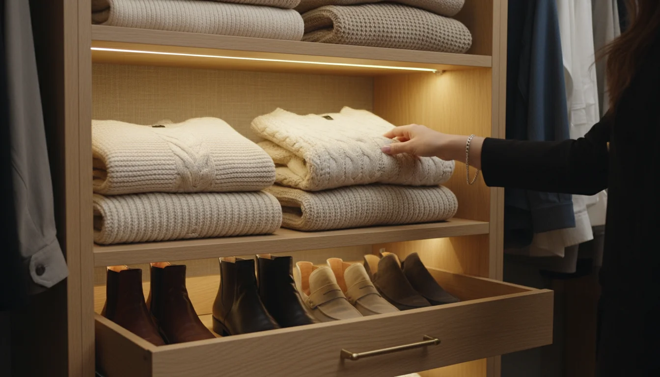 A woman's hand reaches for a neatly folded cream sweater on a closet shelf, softly lit by an LED strip light under the shelf above.