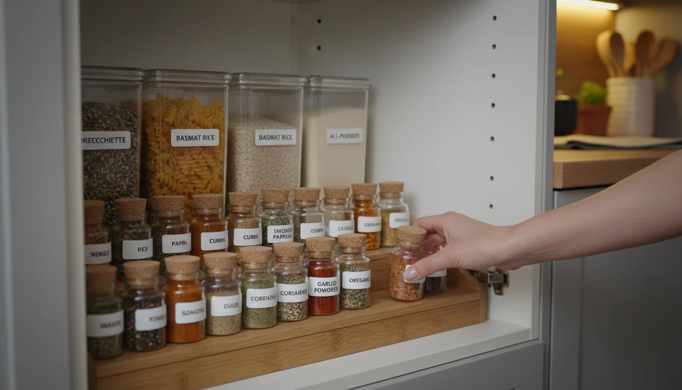 A woman's hand reaches into a perfectly organized kitchen cabinet with labeled clear containers and tiered spice jars.