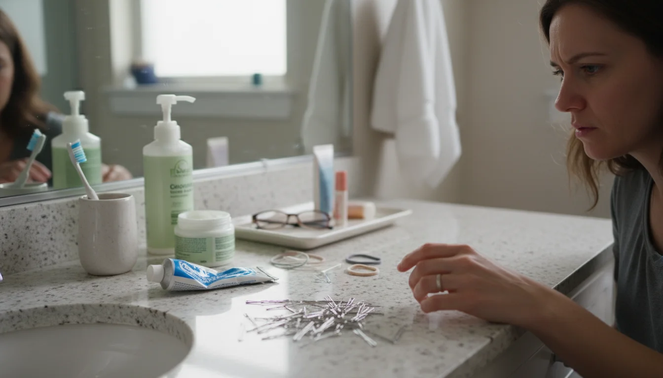 A woman's hand reaches past cluttered everyday items on a bathroom counter. Toothpaste, hair products, and scattered bobby pins are visible.