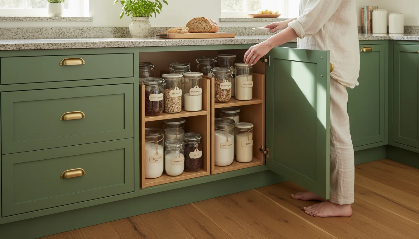 Close-up of a woman's hand reaching for a labeled container inside a neatly organized, freshly updated kitchen cabinet.