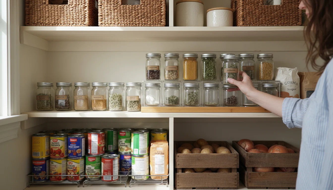 Woman's hand reaching for spice from clear stackable container on a pantry shelf with tiered can organizers and dry goods.