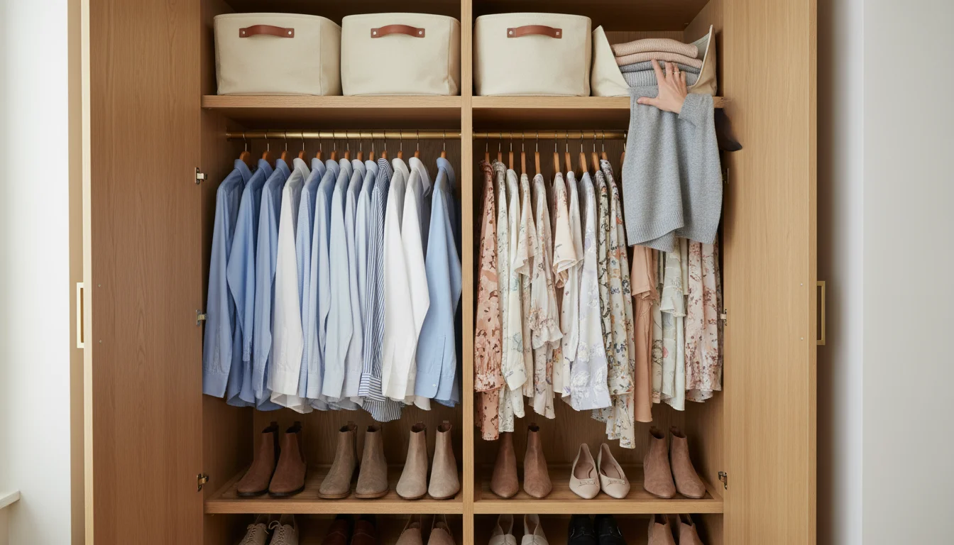 Woman's hand retrieving a sweater from a clearly zoned, well-organized closet with shelves, hanging rods, and shoe storage, bathed in soft light.