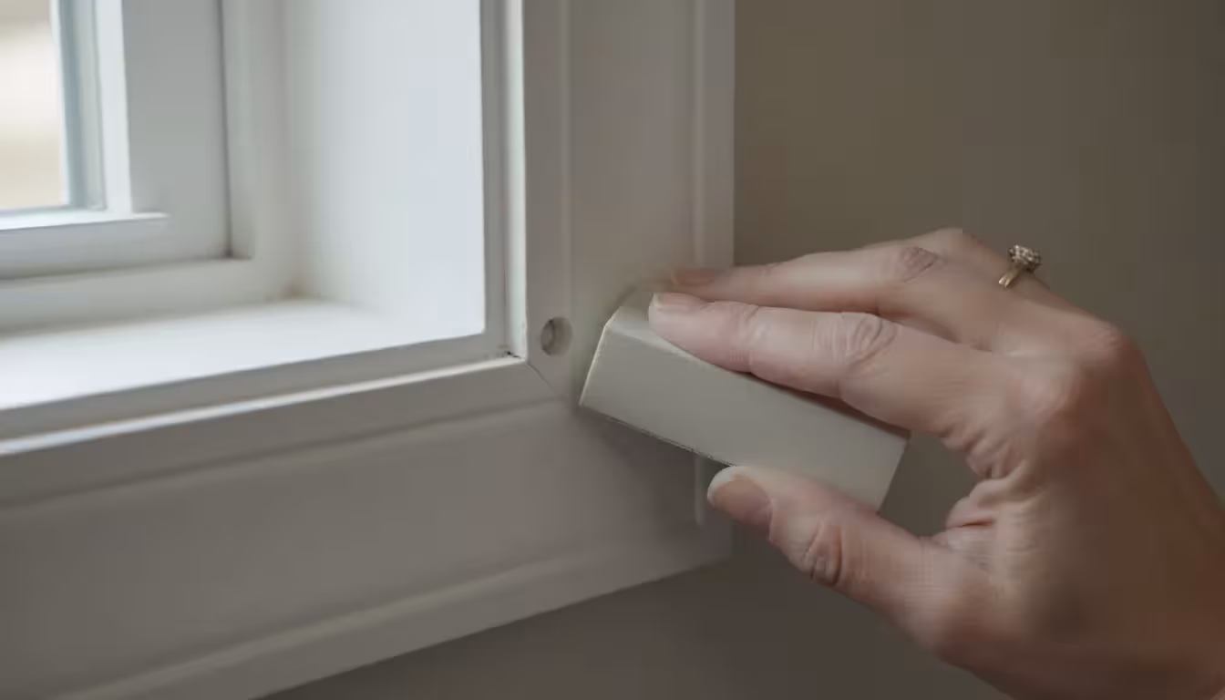 Woman's hand sands a newly filled nail hole on unpainted white window trim with a small sanding block under natural light.