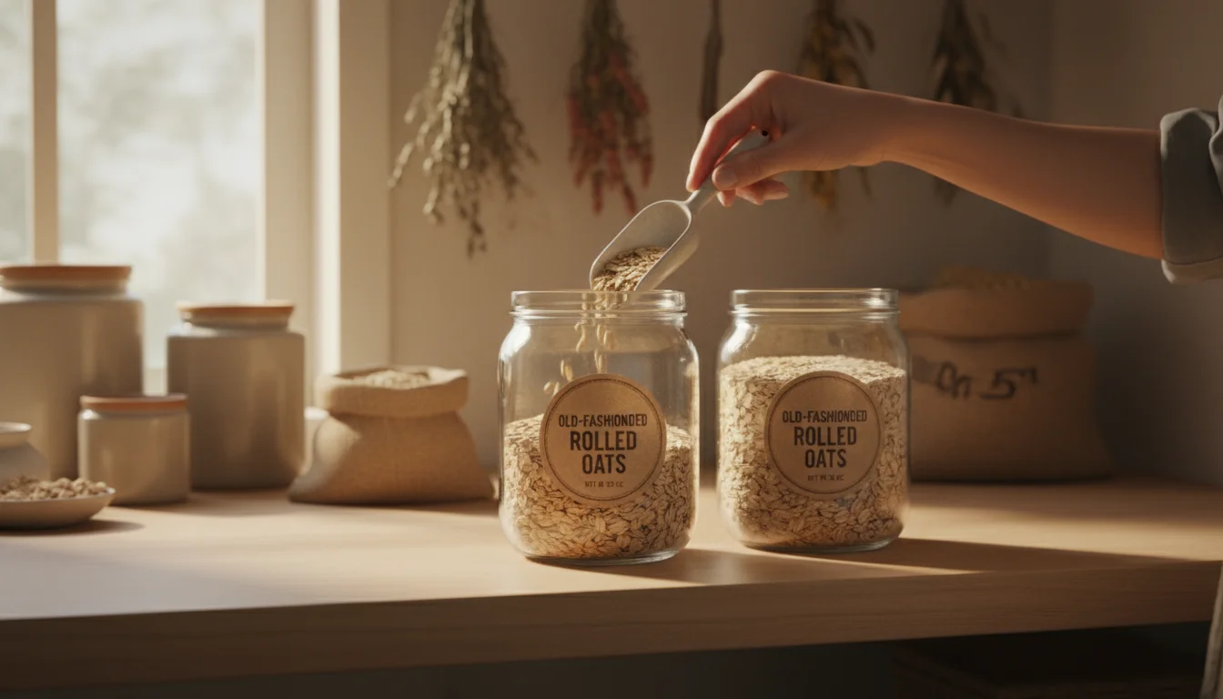 Woman's hand scoops the last oats from an almost-empty, labeled glass container; a full replacement container sits ready behind it on a pantry shelf.