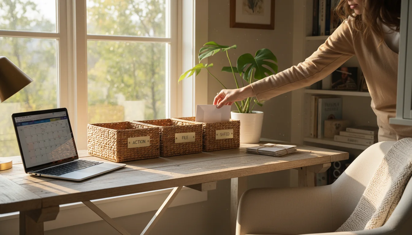 A woman's hand sorts mail into labeled bins (Action, File, Shred) on a wooden desk with a laptop and a small plant.