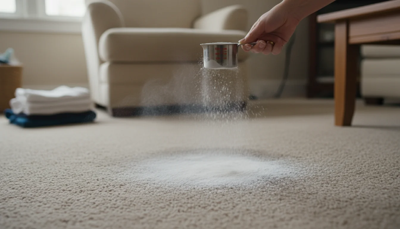 A woman's hand sprinkles a generous amount of baking soda onto a neutral living room carpet. A blurry dog toy is in the background.