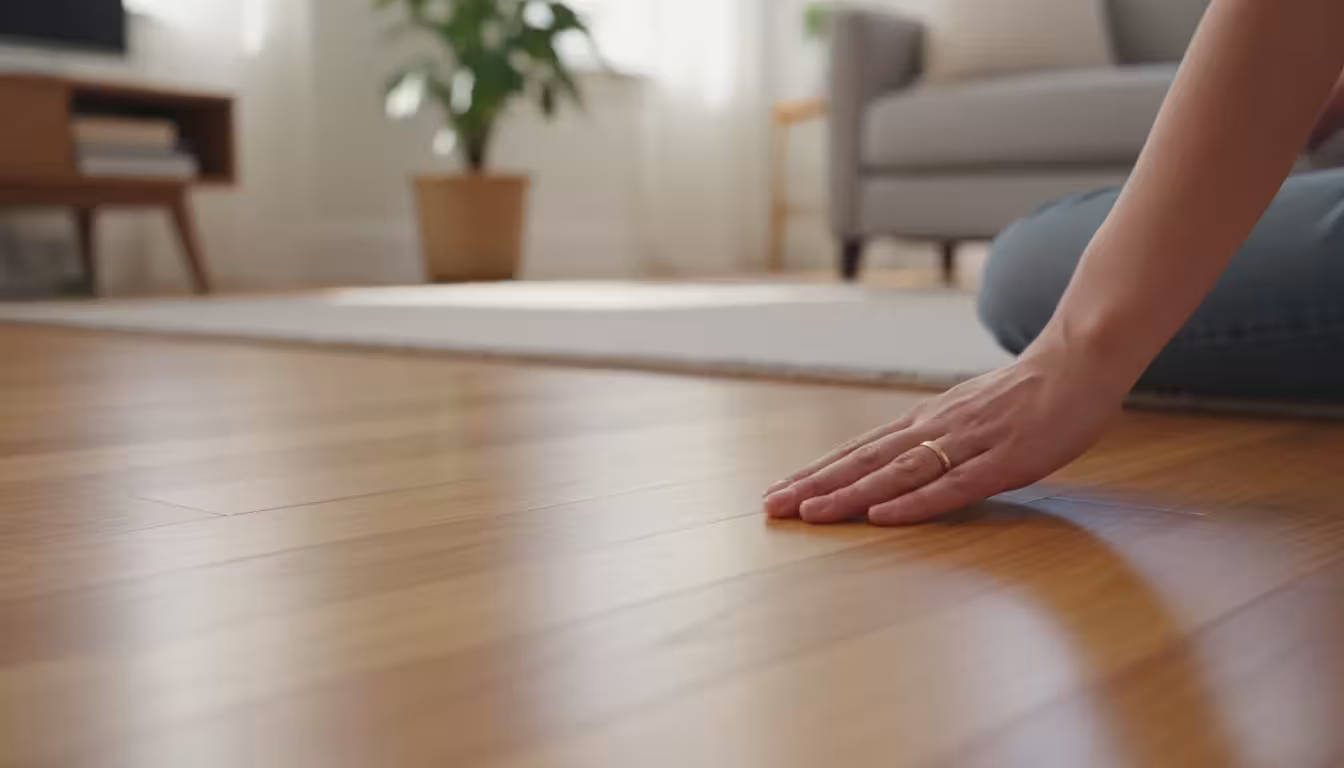 A woman's hand gently touches a hardwood floor, examining its finish and grain in a home.