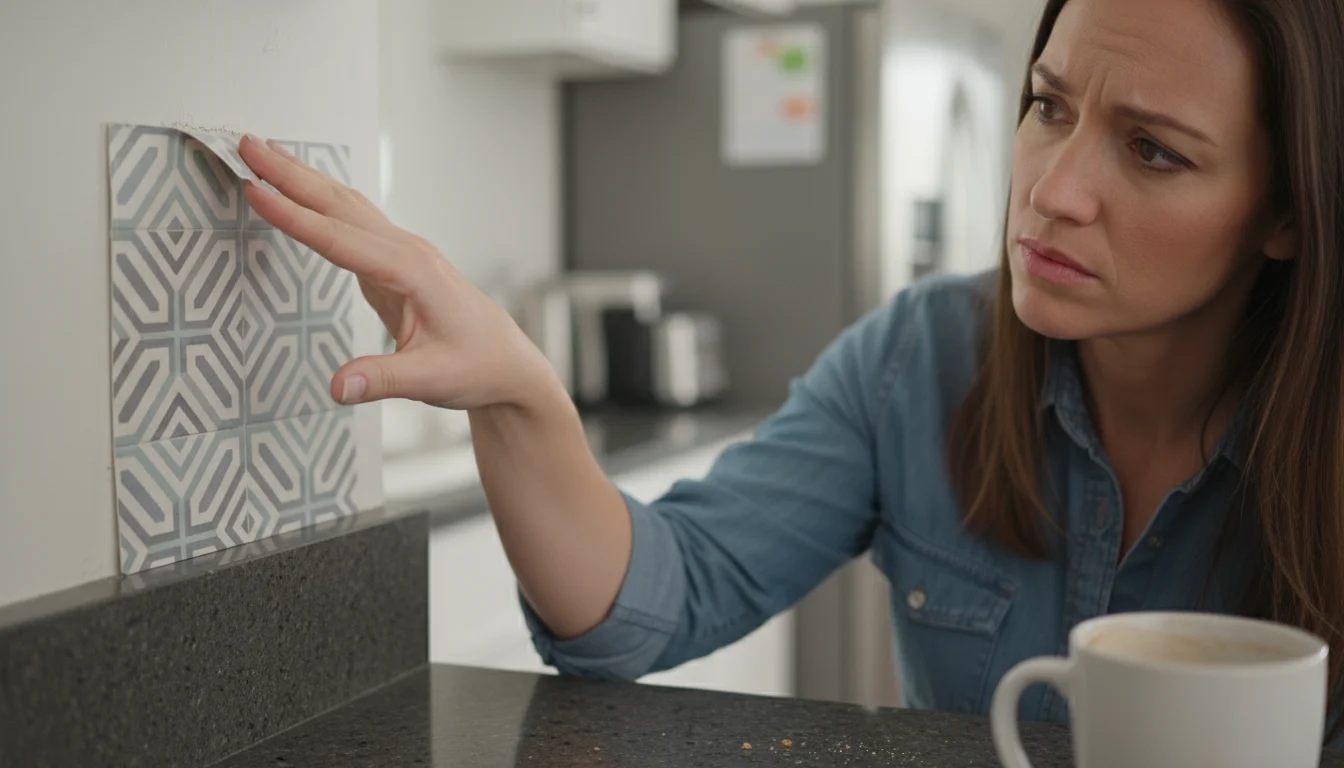 Close-up of a woman's hand gently touching a peeling, bubbling peel-and-stick backsplash tile in a kitchen, showing a DIY mistake.