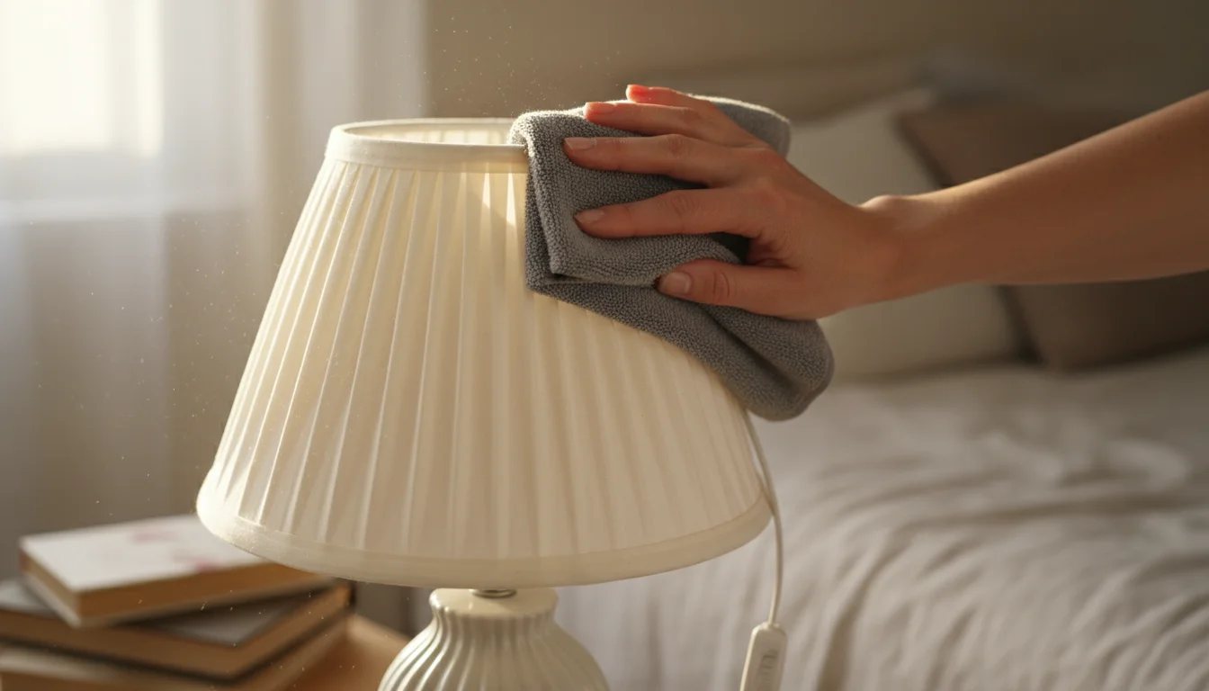 A woman's hand uses a microfiber cloth to dust a cream pleated fabric lampshade, showing visible dust in morning light, a practical home cleaning mome