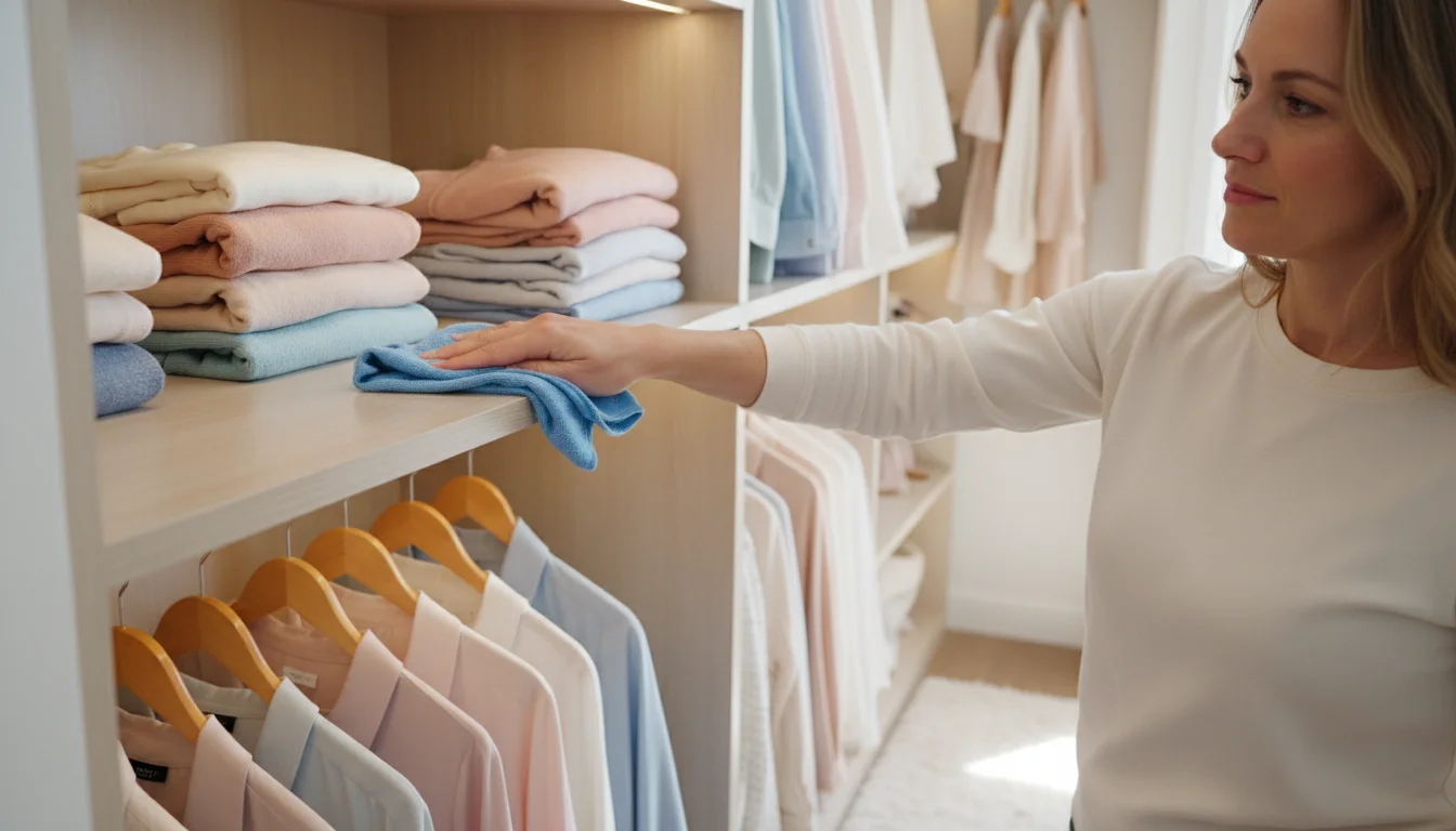 A woman's hand wipes a light-colored melamine closet shelf with a damp cloth, making it gleam.