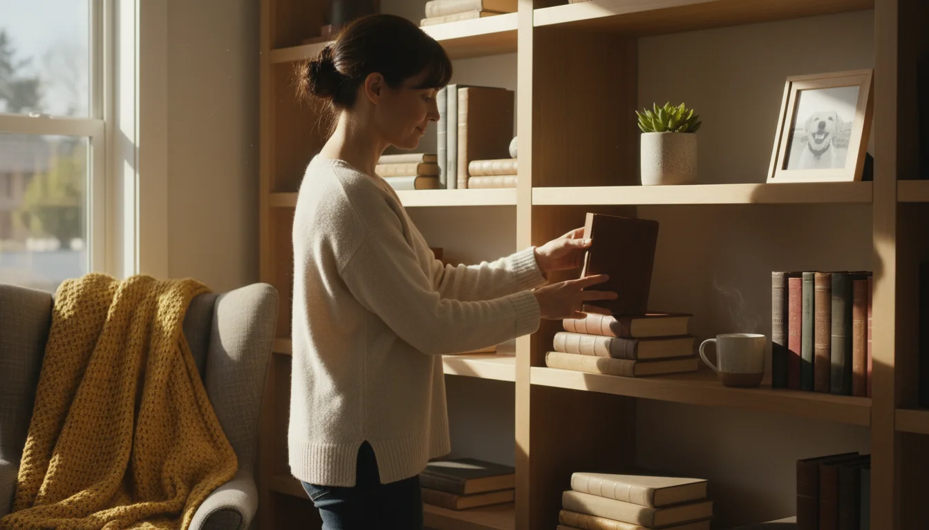 A woman's hands gently arrange books on a neat wooden shelf in a sunlit living room, reflecting calm, everyday home maintenance.