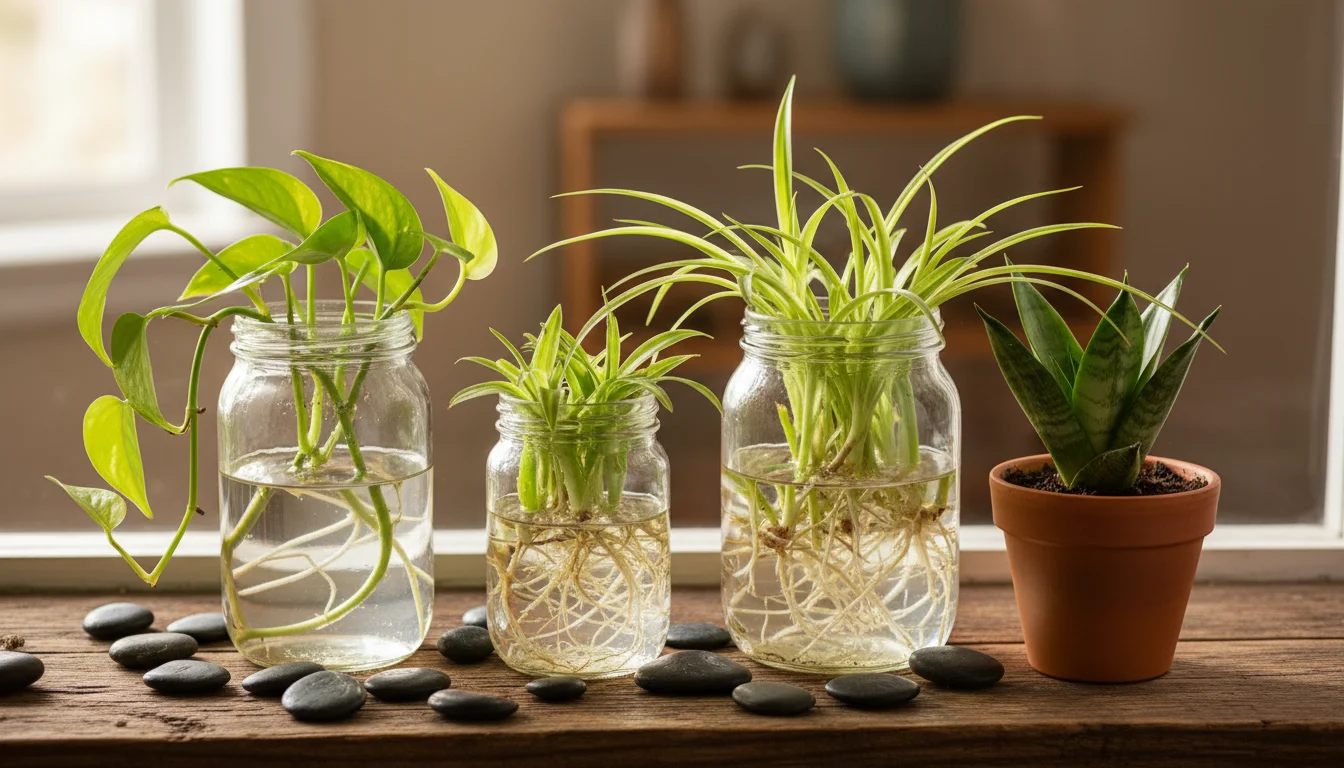 Woman's hands arranging plant cuttings in glass jars on a wooden windowsill next to a small potted snake plant.