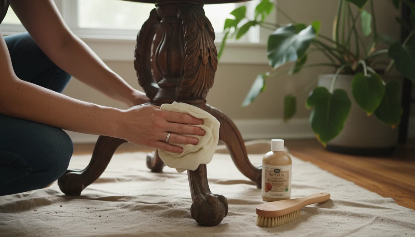 A woman's hands gently clean the carved leg of a vintage wooden side table with a soft cloth. Cleaning supplies sit nearby.