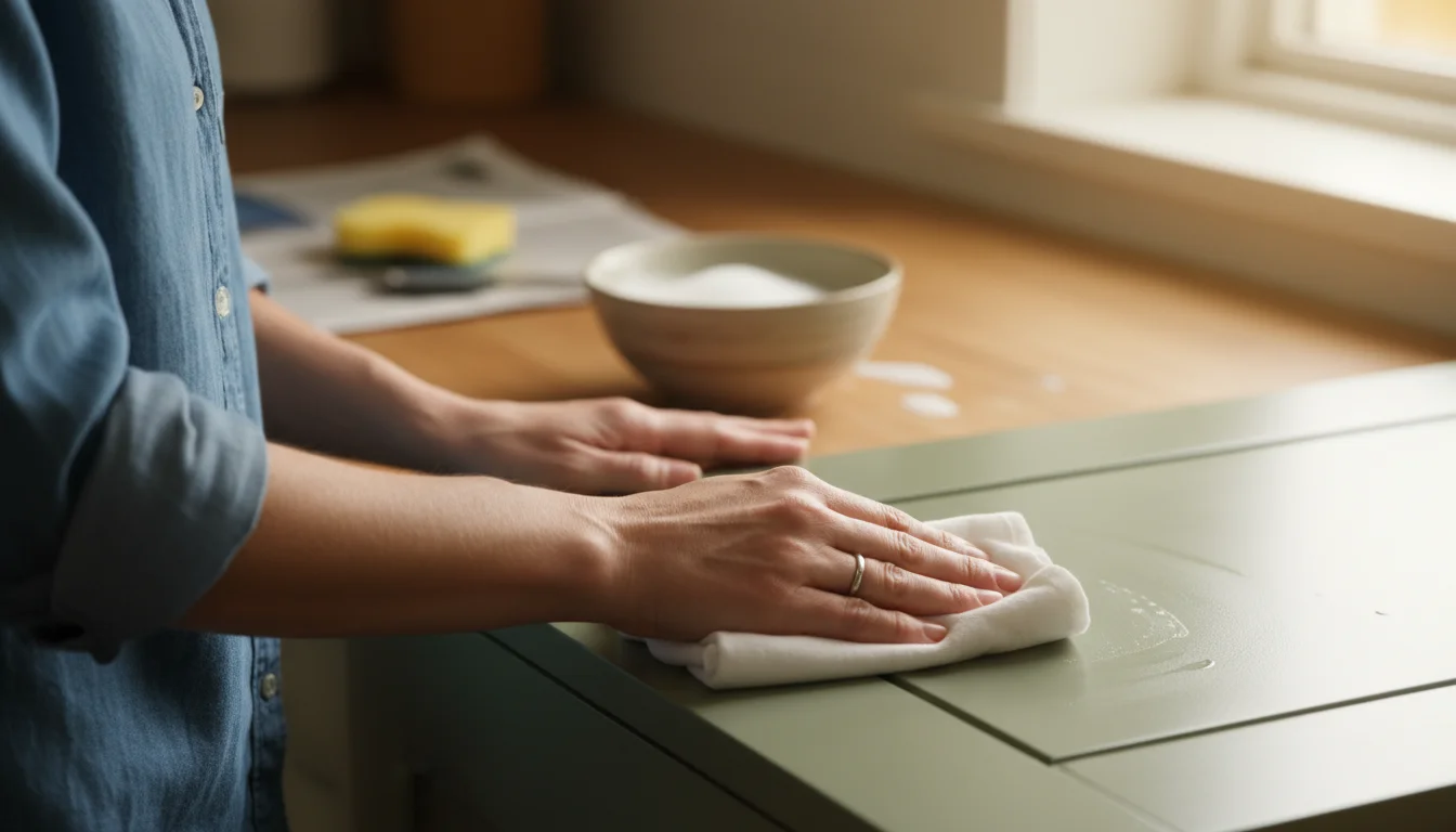 Close-up of a woman's hands gently cleaning a painted kitchen cabinet door with a soft cloth and mild soap, emphasizing careful maintenance.