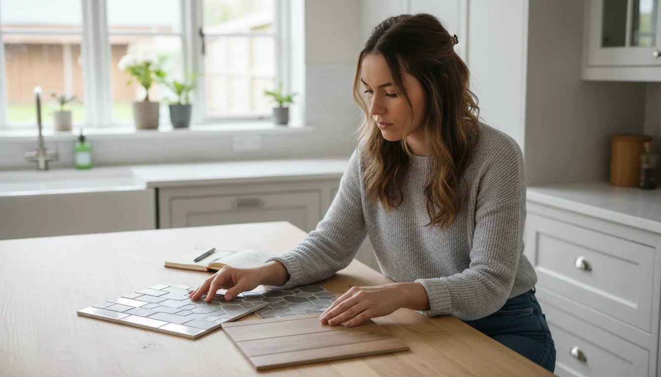 Woman's hands compare three different peel and stick tile samples on a table: subway, mosaic, and wood grain textures.