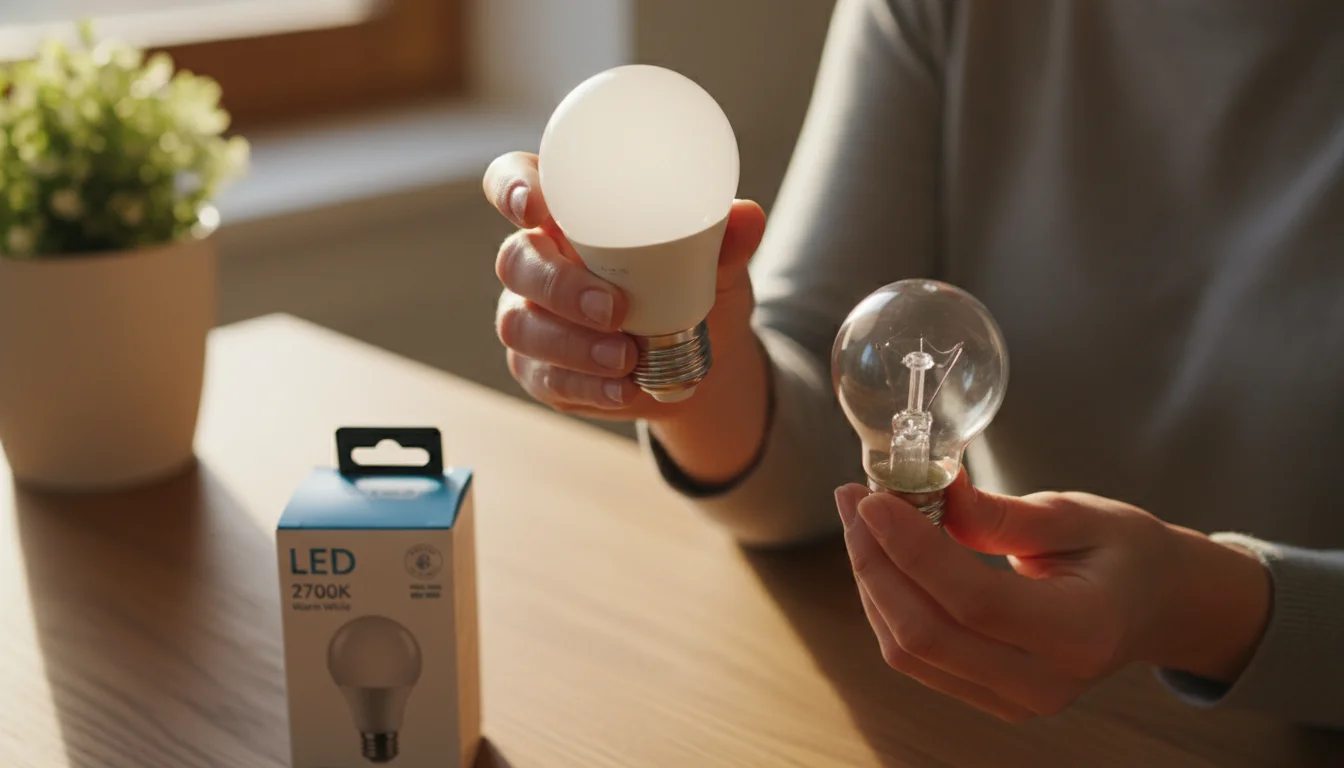 Close-up of a woman's hands comparing two light bulbs, a modern LED and another, on a warm wooden surface in a cozy home setting.