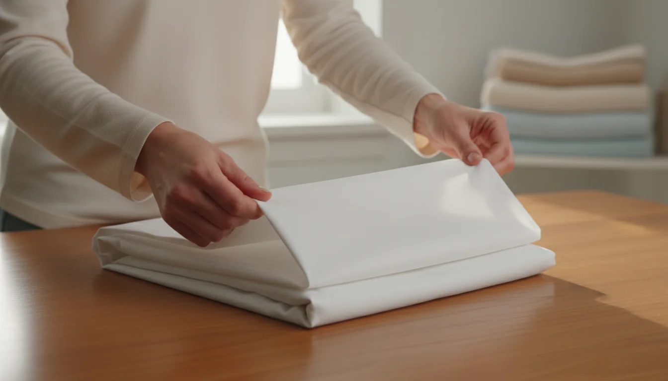 Close-up of a woman's hands neatly folding a large white fitted sheet on a wooden table, illuminated by natural light.