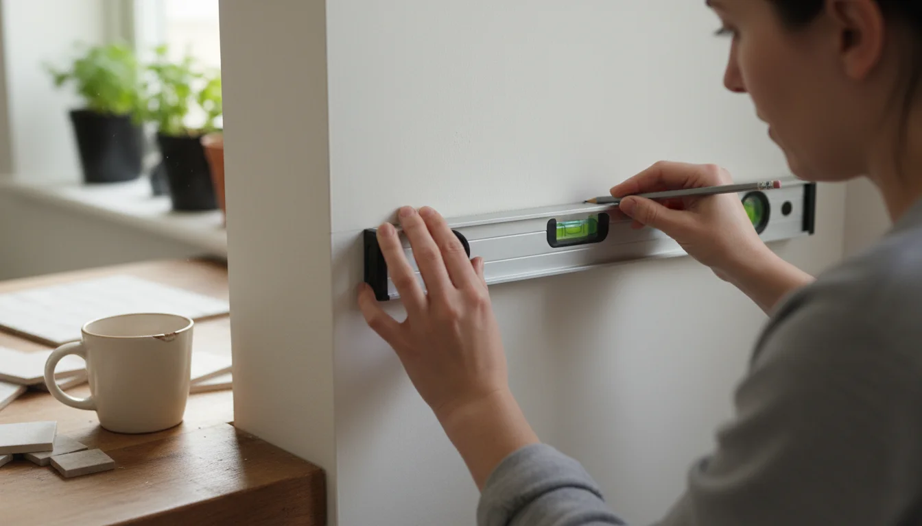 Woman's hands hold a level and pencil, drawing a guideline on a kitchen wall, prepping for peel-and-stick backsplash tiles.
