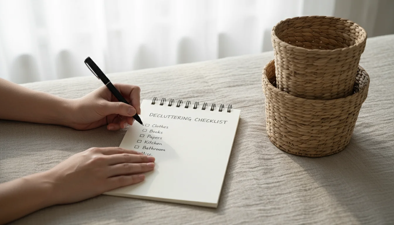 Woman's hands holding a handwritten decluttering checklist on a bed, with empty storage baskets nearby.