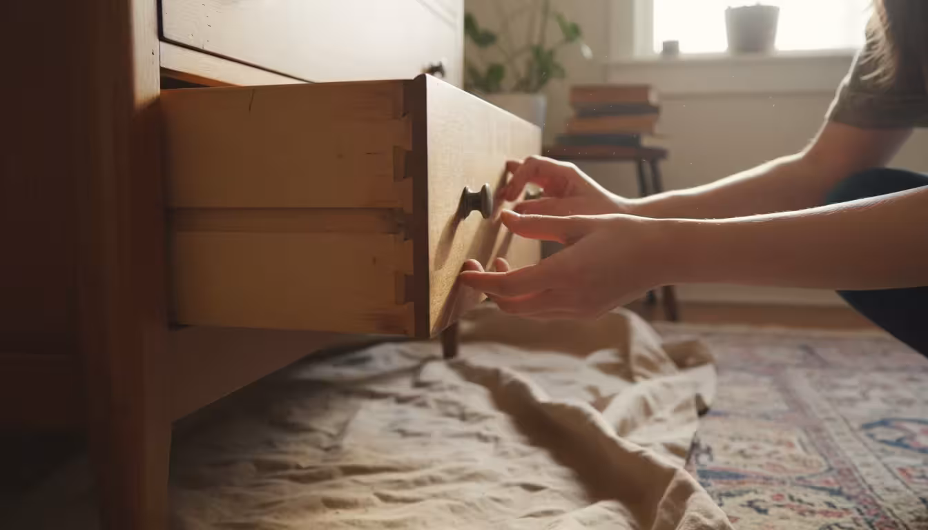 Woman's hands inspecting a dovetail joint on an open drawer of a vintage wooden dresser in a cozy room.