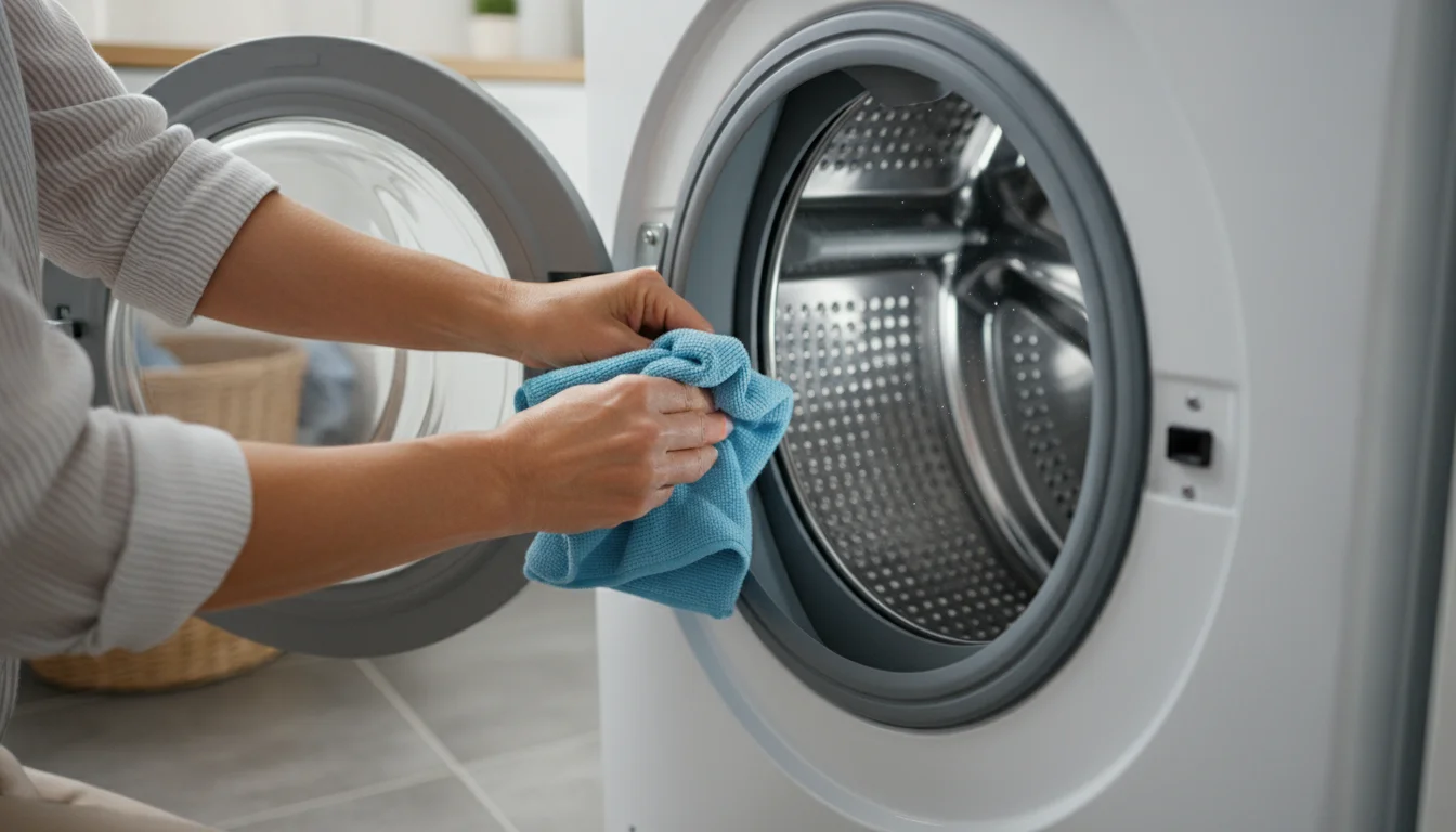 Woman's hands meticulously cleaning the rubber seal inside an open front-load washing machine door with a cloth. Laundry supplies are organized in the