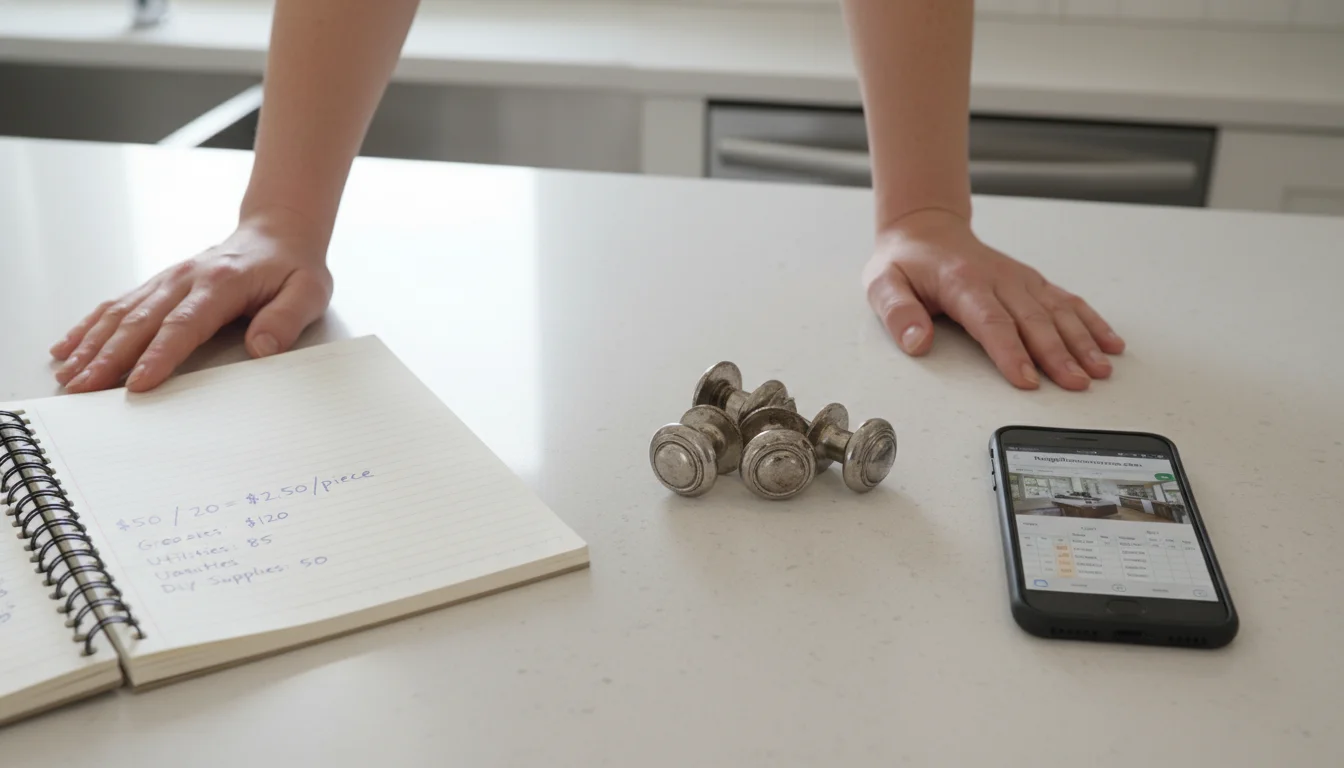 Woman's hands with a notebook showing '$50/20=$2.50/piece' and old cabinet knobs next to a phone displaying affordable hardware.