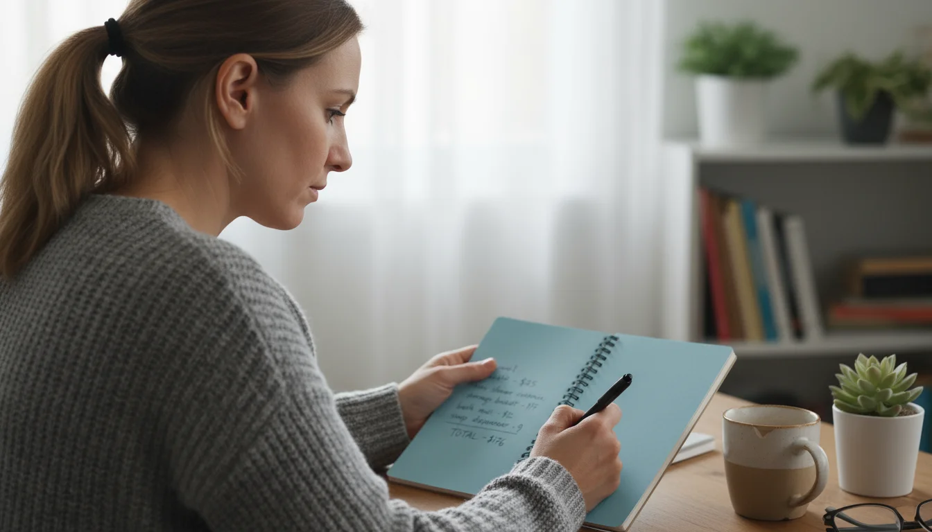 A woman's hands and open notebook displaying a handwritten budget list for a bathroom makeover, with a pen and calculator.