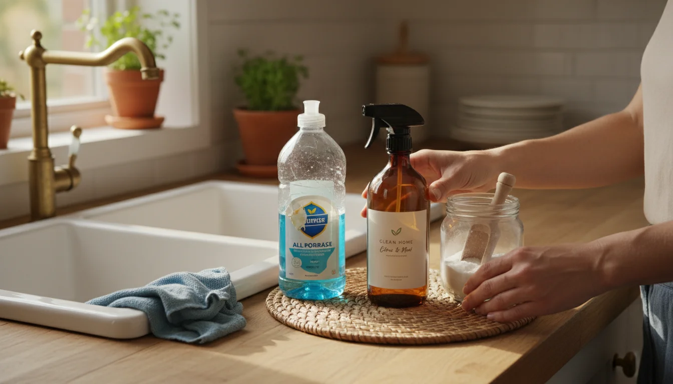 Woman's hands organizing cleaning supplies on a kitchen counter: a half-empty conventional cleaner, a new non-toxic spray, and baking soda.