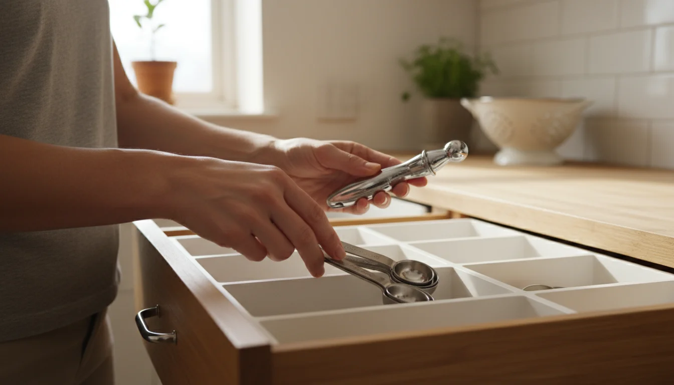Woman's hands organizing a kitchen drawer, placing measuring spoons into an organizer and holding a small gadget for sorting.