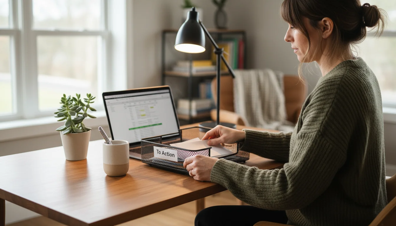 Woman's hands organizing a warm wooden home office desk, returning a pen and placing mail into a labeled tray.