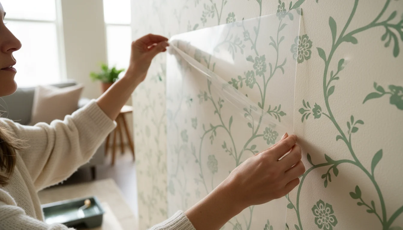 A woman's hands gently peel a botanical stencil from an accent wall, revealing a sage green pattern on an off-white surface.