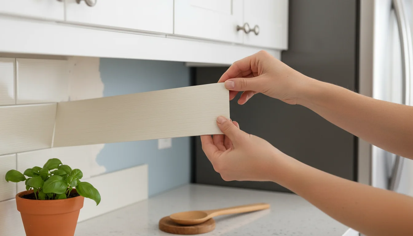 Woman's hands gently peeling a gray subway peel and stick tile from a kitchen backsplash, revealing the undamaged wall beneath.