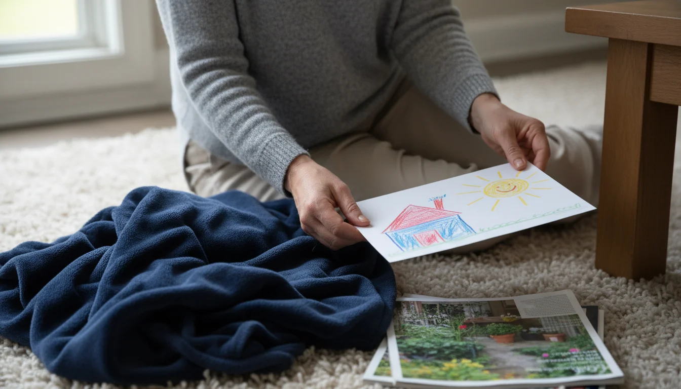 Woman's hands picking up a child's drawing from a small pile of items on a rug, next to a woven laundry basket.