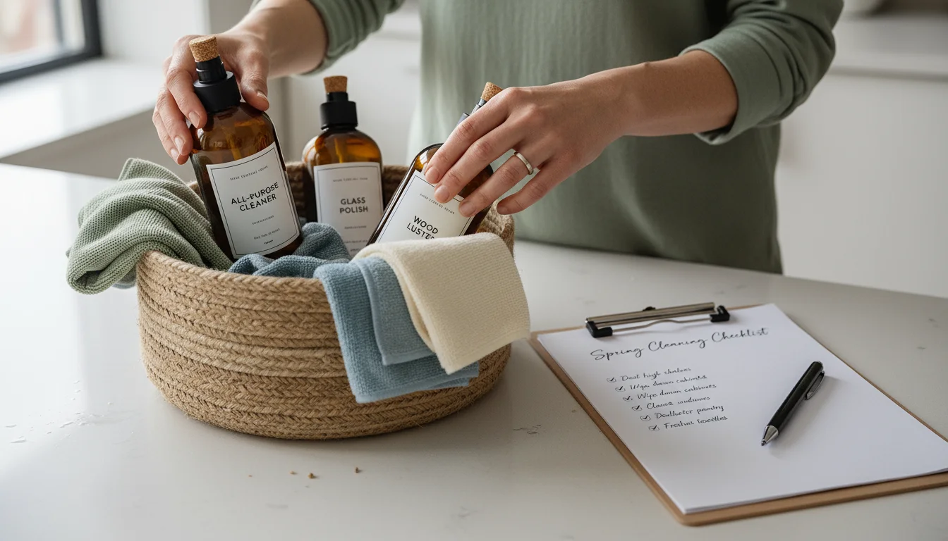 Woman's hands place cleaning supplies into a woven basket next to a handwritten spring cleaning checklist on a kitchen counter.