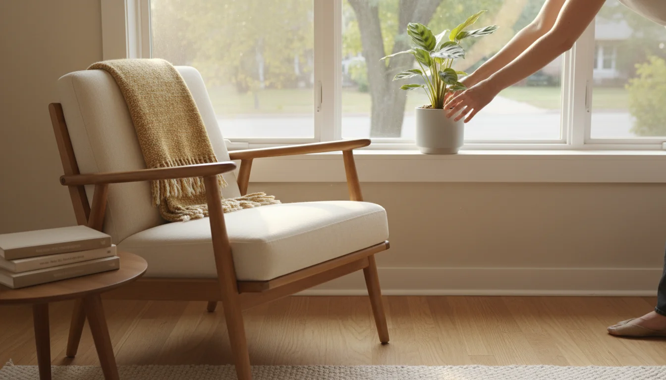 A woman's hands place a green plant on a newly cleared windowsill, next to an armchair repositioned away from a sunlit window.