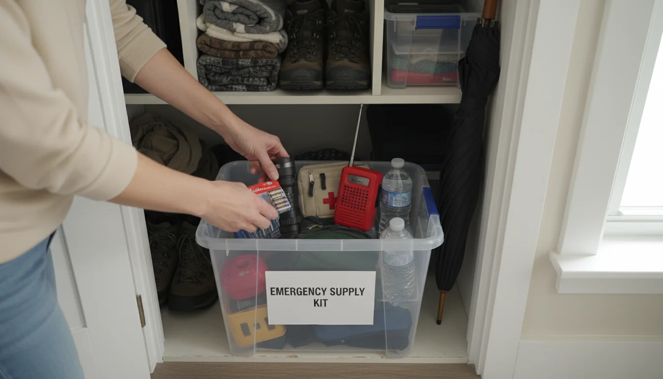 A woman's hands place new batteries into an open, labeled emergency kit bin inside a neat closet, showing a flashlight, radio, and first-aid supplies.