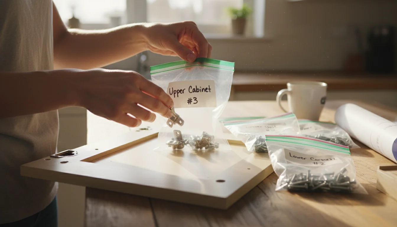 A woman's hands carefully place removed cabinet hinges and screws into a labeled plastic bag on a kitchen counter, with a detached cabinet door nearby