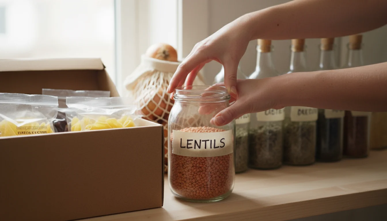 Woman's hands place a repurposed, labeled glass jar of lentils onto a pantry shelf alongside a shoebox bin and a basket.