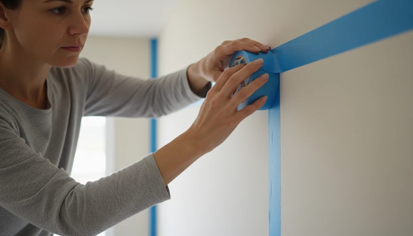 Woman's hands carefully pressing painter's tape along a clean wall edge, preparing for an accent wall.