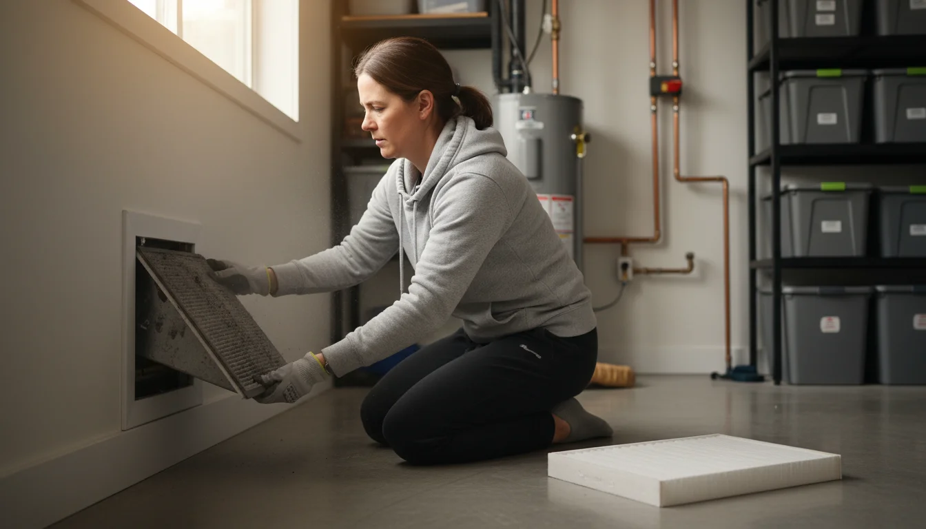 A woman's hands pulling out a dirty furnace filter from a wall vent, with a clean new filter ready on the floor.
